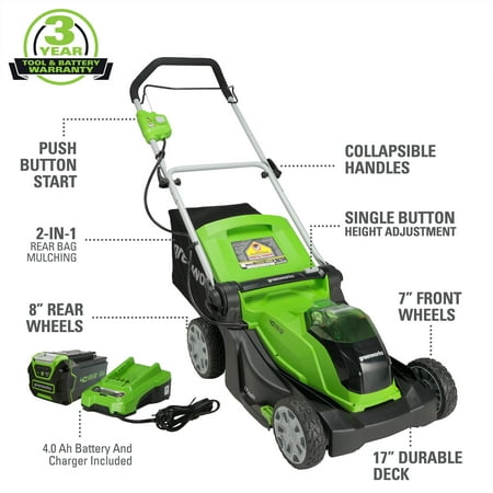 Greenworks - 17 in. 40-Volt Cordless Walk Behind Lawn Mower (4.0Ah Battery and Charger Included) - Green