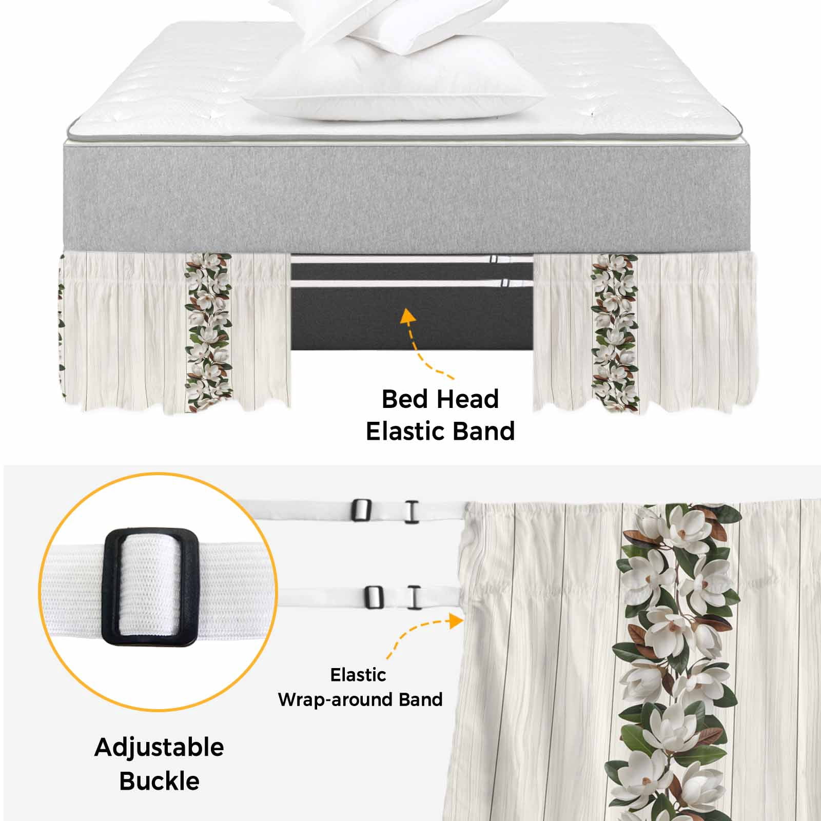 Bed Skirt Retro Magnolia Adjustable Elastic Wrap-Around Dust Ruffle with Flower Leaf Classic Beige Wood Grain Texture 16 Inch Drop, Bed Frame Cover for Queen Size Bed