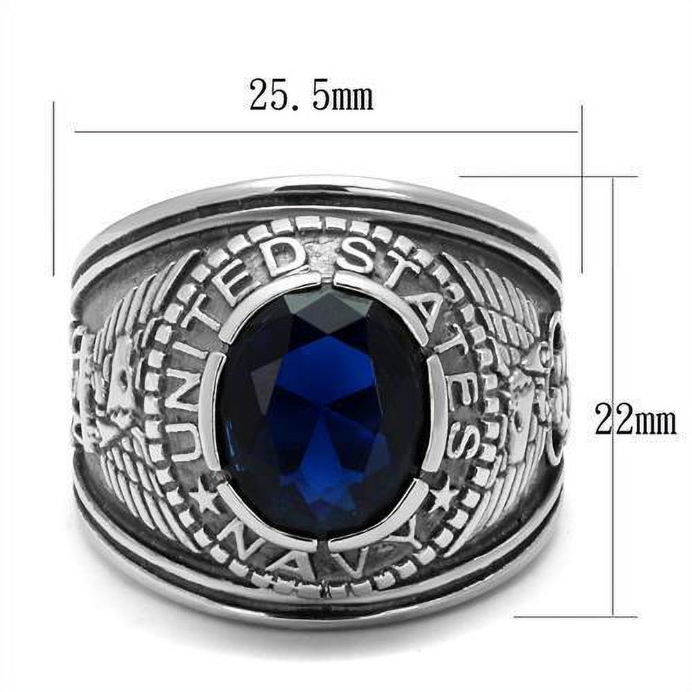 US Navy Ring for Men and Women Unisex Stainless Steel Military Patriotic Ring in Silver with Blue Stone