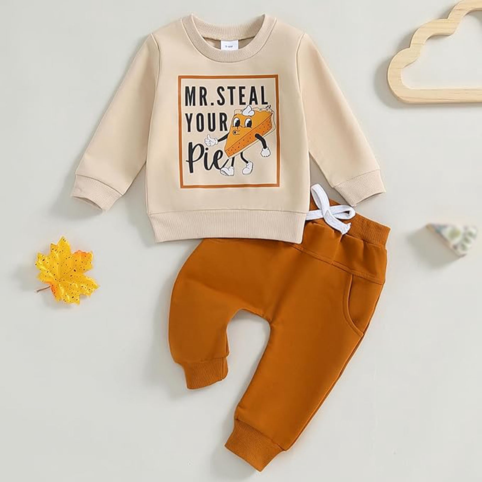 Weebloom Thanksgiving Baby Girl Outfit Boys Outfits Long Sleeve Graphic Print Sweatshirt Pants Kids Holiday Family Party Clothes Sets Brown 6-12 Months