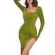 thumbnail image 2 of TRKIYQC Vestido midi elegante para mujer Fruncido Manga larga Corte alto Dobladillo irregular Color sólido Vestidos ajustados para fiesta de cóctel TRKIYQC moda, 2 of 7