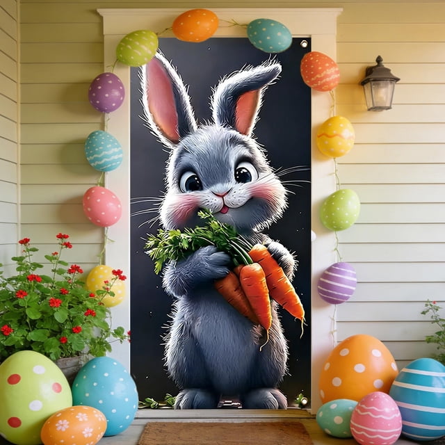 Adorno colgante de corona de conejito para puerta de entrada de Pascua, primavera, Pascua, guirnalda de conejo gris y zanahorias, fondo para puerta, 35 x 71 pulgadas, decoración de bienvenida navideñ