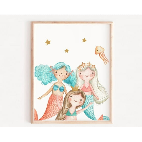 Mermaid Selfie, Girls Mermaid Wall Art, Girls Bedroom Decor, Watercolor Mermaid Wall Art Prints, Nursery Art Nursery Prints Ocean Art Wall Art, Modern Wall Decor, 24x36 UNFRAMED