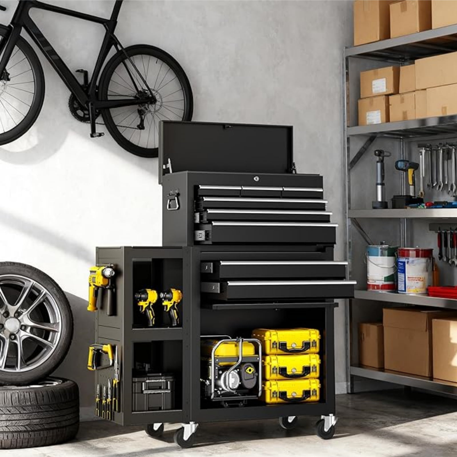 Rvchic 8-Drawer Rolling Tool Chest with Locking System & 3 Large Lockable Cabinets for Garage Workshop ,Includes Protective Mat & Side Cabinet
