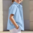 thumbnail image 2 of HAOTAGS Boys Button-Up Shirts, Solid Cotton-Linen Lace Trim Short-Sleeve Turn-Down Collar Casual Tops Blue Size 10, 2 of 9