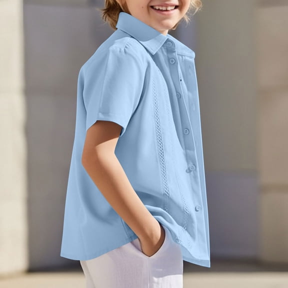 ITSAME Boys Button-Up Shirt Cotton Linen Lapel Short Sleeve Summer Casual Comfort Shirt Blue Size 8
