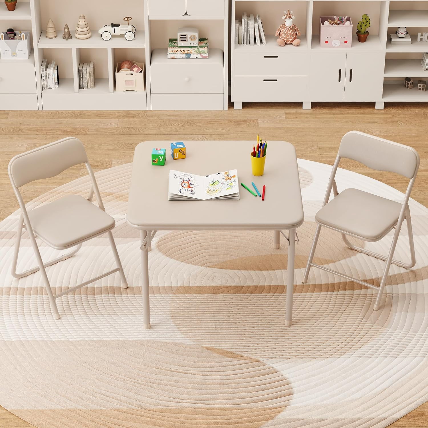 Boys and Girls Folding Table and Chairs Set of 3, Portable Table and Chair with Pu Soft Cushion,Suitable for Eating,Reading and Playing