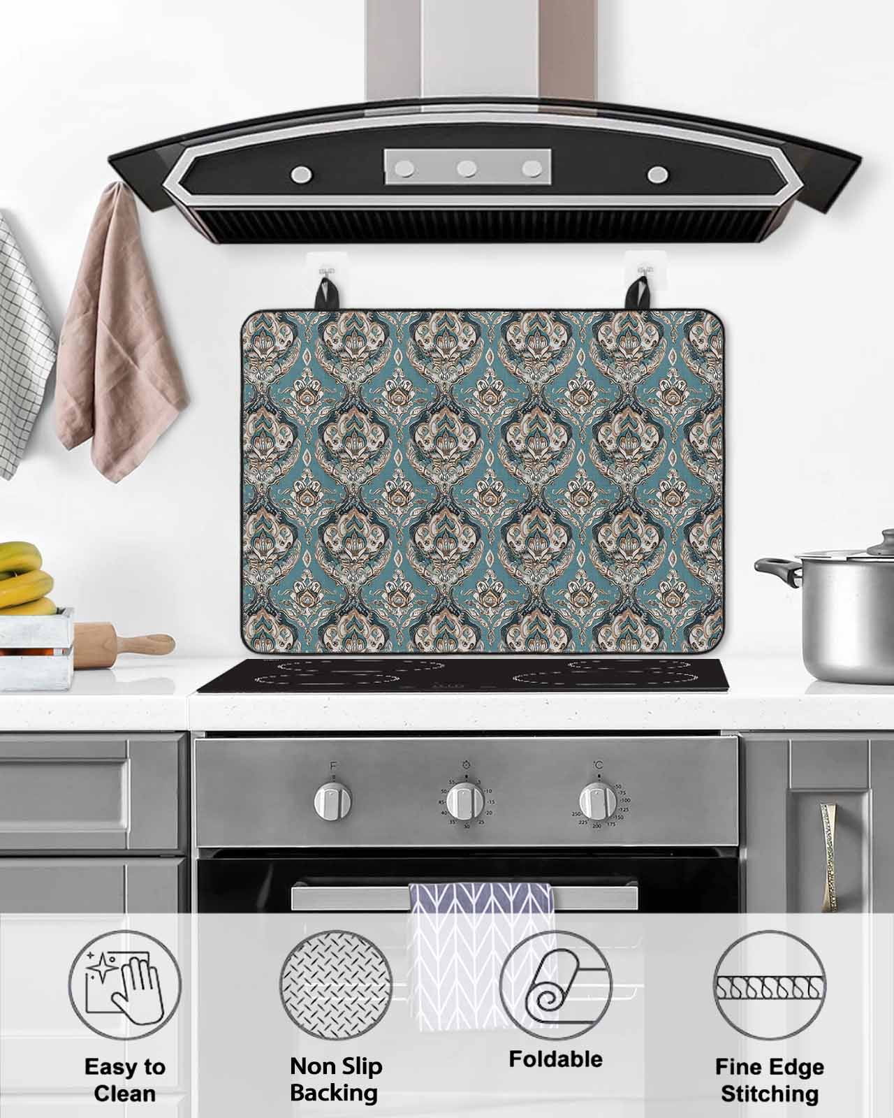 nqOlkjepod Large Induction Cooktop Protector Mat 24"x21", Boho Flower Stove Top Covers for Electric Stove, Blue Vintage Bohemian Abstract Art Stove Burner Cover Mats, Glass Top Stove Cover