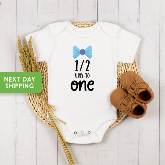 Baby Bodysuit BELLA CANVAS Six Month Onesie, 6 Month Onesie For Baby Boy, 6Th Month Bodysuit For Baby, Baby Shower Gift, Bowtie 1/2 Way To One Onesie