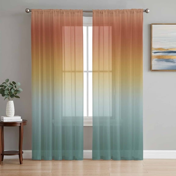Burnt Orange Teal Ombre Sheer Curtains 72 Inch Length 2 Panels Set, Modern Gradient Abstract Art Voile Window Treatment Rod Pocket Curtains Sheers Drapes for Bedroom/Living Room/Kitchen 52"x72"x2