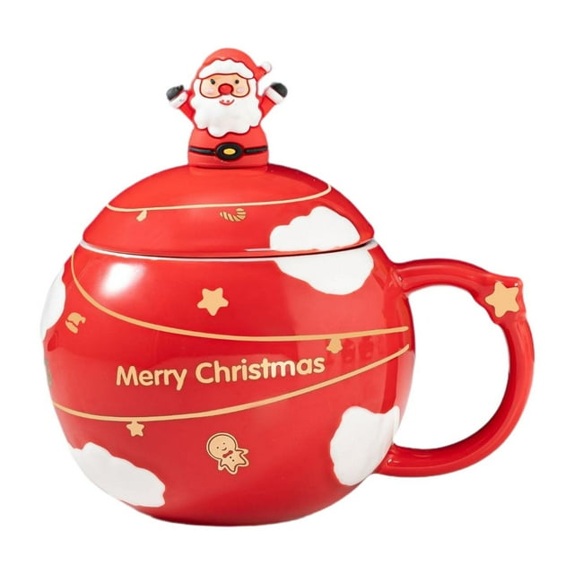 Taza de cerámica navideña, taza para beber, taza de regalo con tapa, asa y cuchara, té con leche Rojo