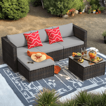 Patio Furniture Set Clearance, Lofka 5 Pieces Patio Conversation Set with Sofas and Tempered Glass Coffee Table for Outdoor Garden Gray