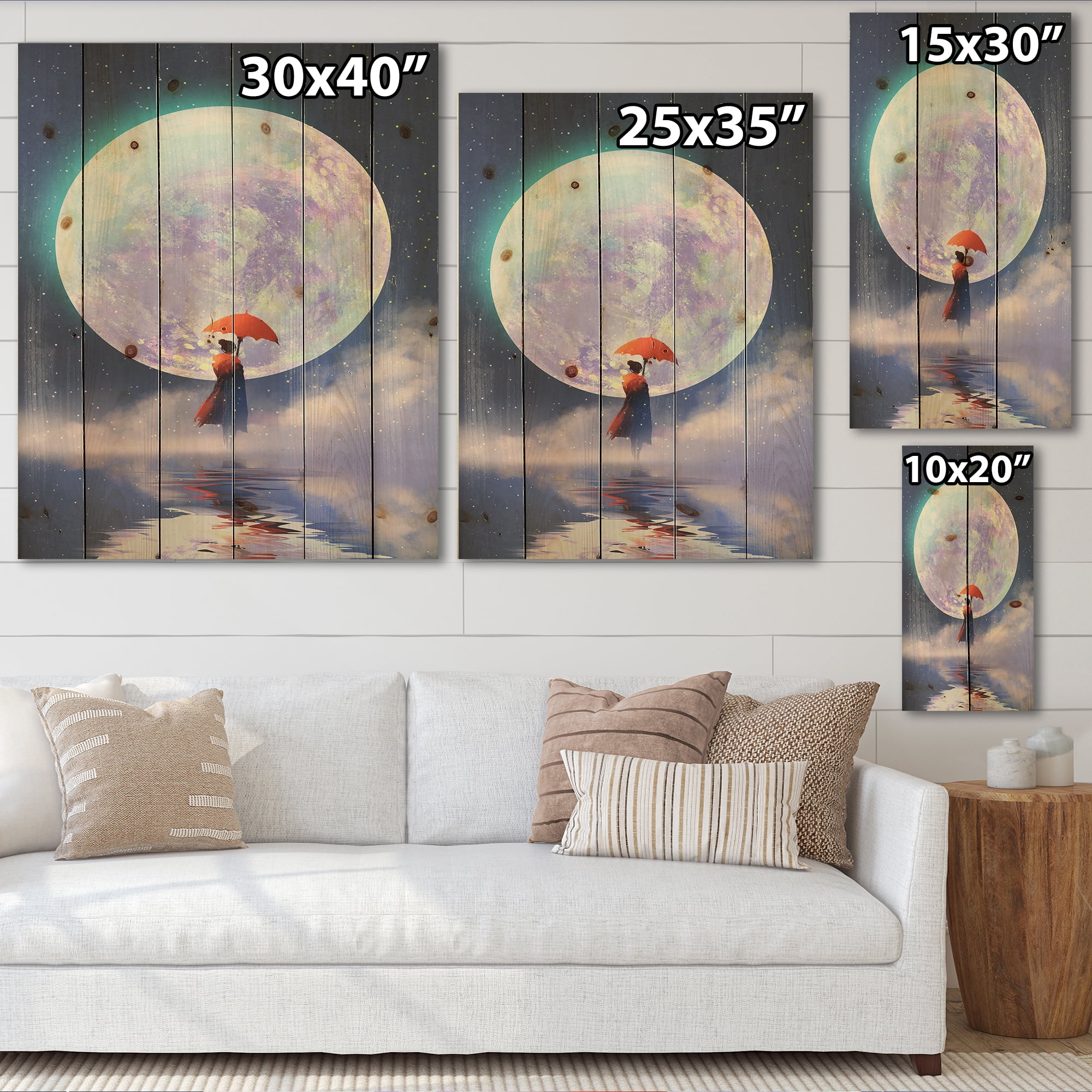 Designart 'Girl With Umbrella Standing On Water Against Moon' Traditional Print on Natural Pine Wood