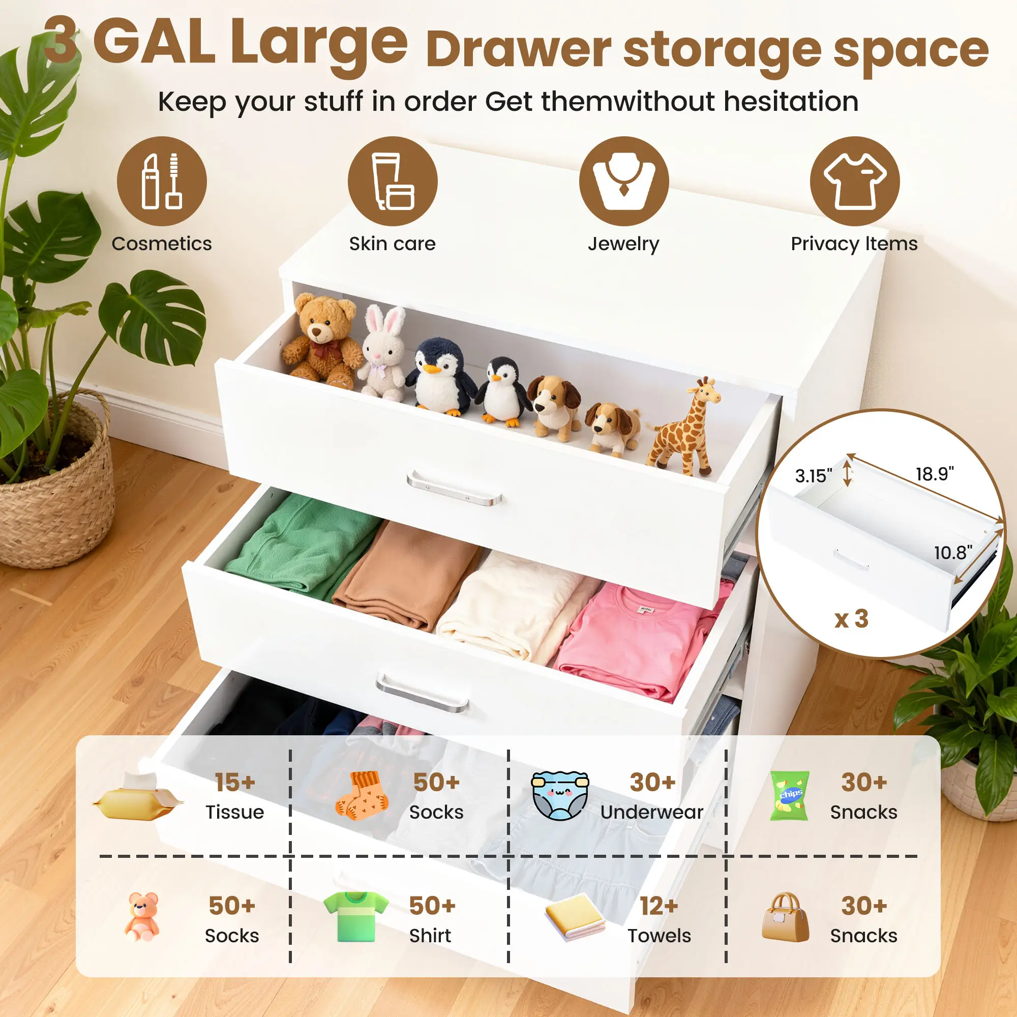 Enyopro Dresser for Bedroom, Wood 3 Drawer Dresser Storage Drawer, White Living Room Hallway Closets Drawer Chest