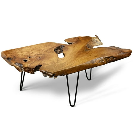 StyleCraft Natural Wood Edge Teak Coffee Cocktail Table w/ Clear Lacquer Finish