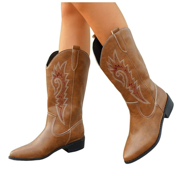 Fall Wide Calf Cowboy Boots for Women Vintage Leather Pointed Toe Low Heel Embroidered Western Cowgirl Riding Boots