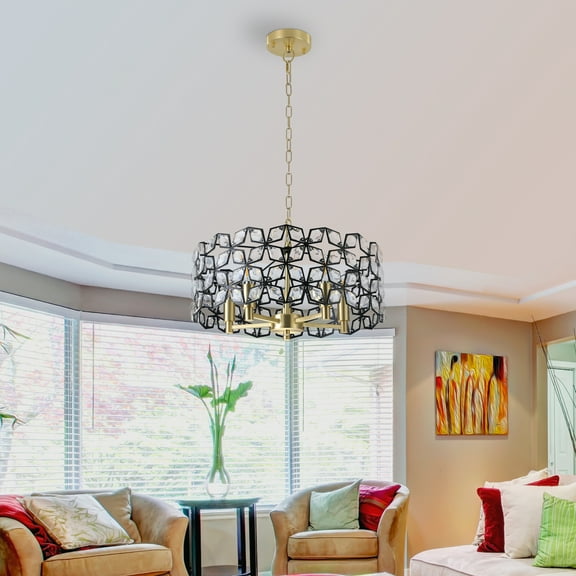 19" Geometric Crystal and BlackGold Round Pendant Chandelier – Modern 5-Light Fixture for Dining Room, Living Room, or Kitchen (Bulb Not Included)