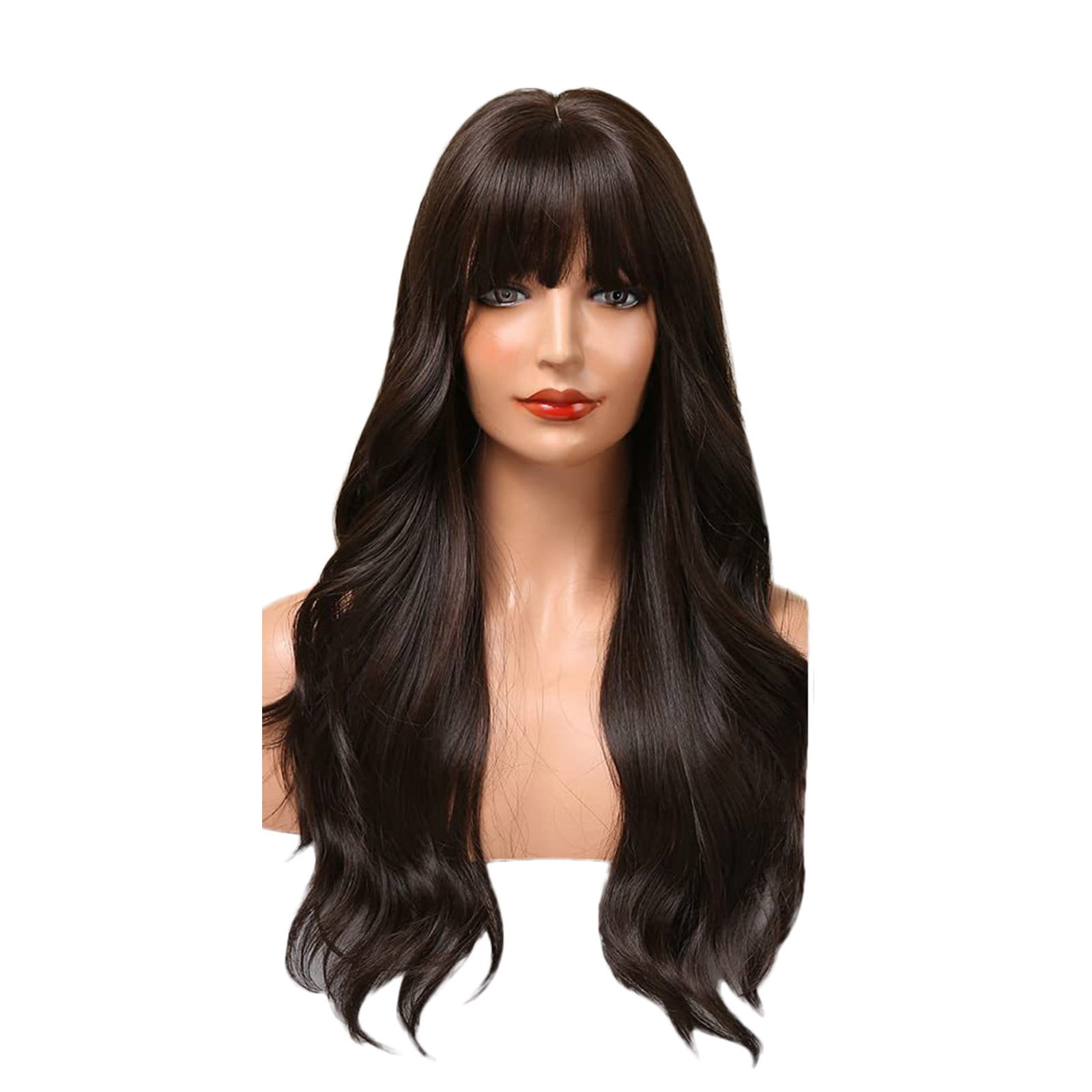 Long Wavy Brown Wig with Bangs for Women, Synthetic Heat Resistant Hair Wig for Daily Wear and Party Use(Brown,One Size)