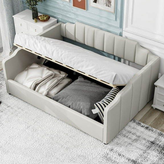 DreamBuck Full Size Upholstered Daybed with Underneath Hydraulic Storage System, Linen Fabric Upholstered Daybed with Wood Slats Support, Space-Saving Daybed Frame for Living Room, Bedroom