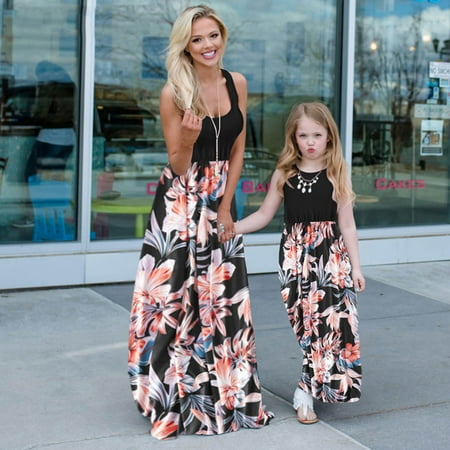 

HAWEE Mommy and Me Matching Maxi Dresses Sleeveless Top Bohemia Floral Printed Matching Outfits with Pockets