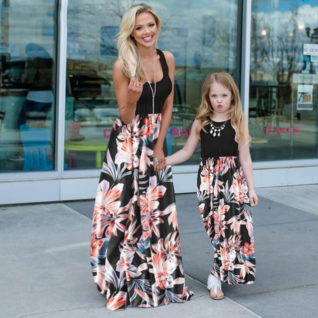 HAWEE Robes Maxi Assorties Maman et Moi, Haut Sans Manches Bohème à Imprimé Floral Tenues Assorties avec Poches