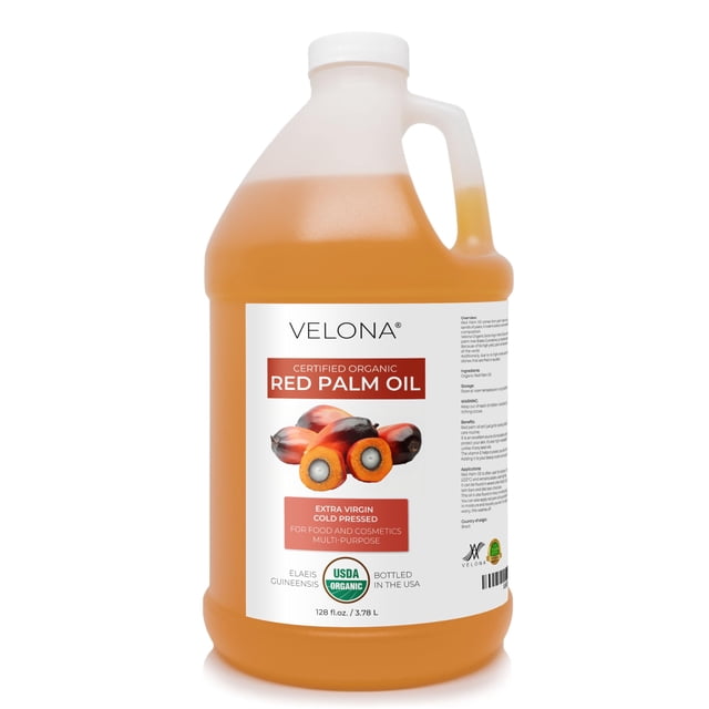 velona Aceite de palma roja orgánico por USDA 1 galón / 128 onzas líquidas | Grado alimentario y cosmético | en frasco | Virgen Extra Prensada en Frío | Cuidado del cabello para la piel, la cara y e