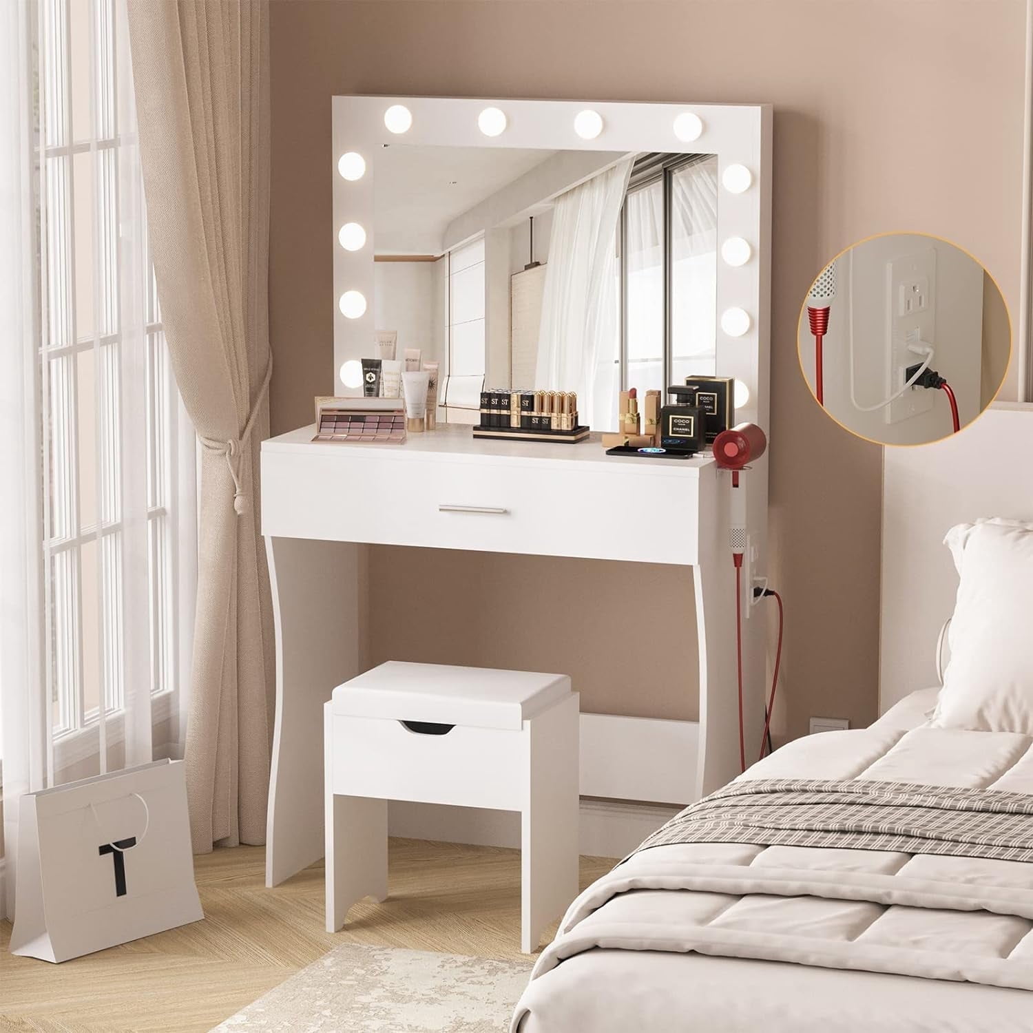 VEANERWOOD Vanity Set with 3 Color Lighted Mirror Makeup Table 55" with Charging Station Large Drawer, White