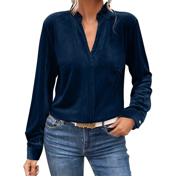 XPMWRP Women's Long Sleeve V-Neck Top Velvet Ruffle Collar Detail Blouse Trendy Basic Tees Casual Office Work T-Shirt Navy L