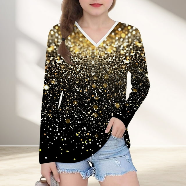 YUNAFFT Girls V-Neck Top Long Sleeve Star Gradient Print Pullover Trendy Celestial Design
