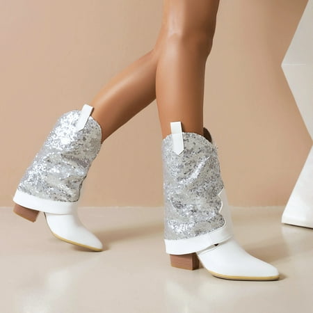 

Fesfesfes Cowgirl Boots for Young Ladies Autumn And Winter Boots Sequined Pointed Toe Chunky High-heeled Mid-boots 7(39)
