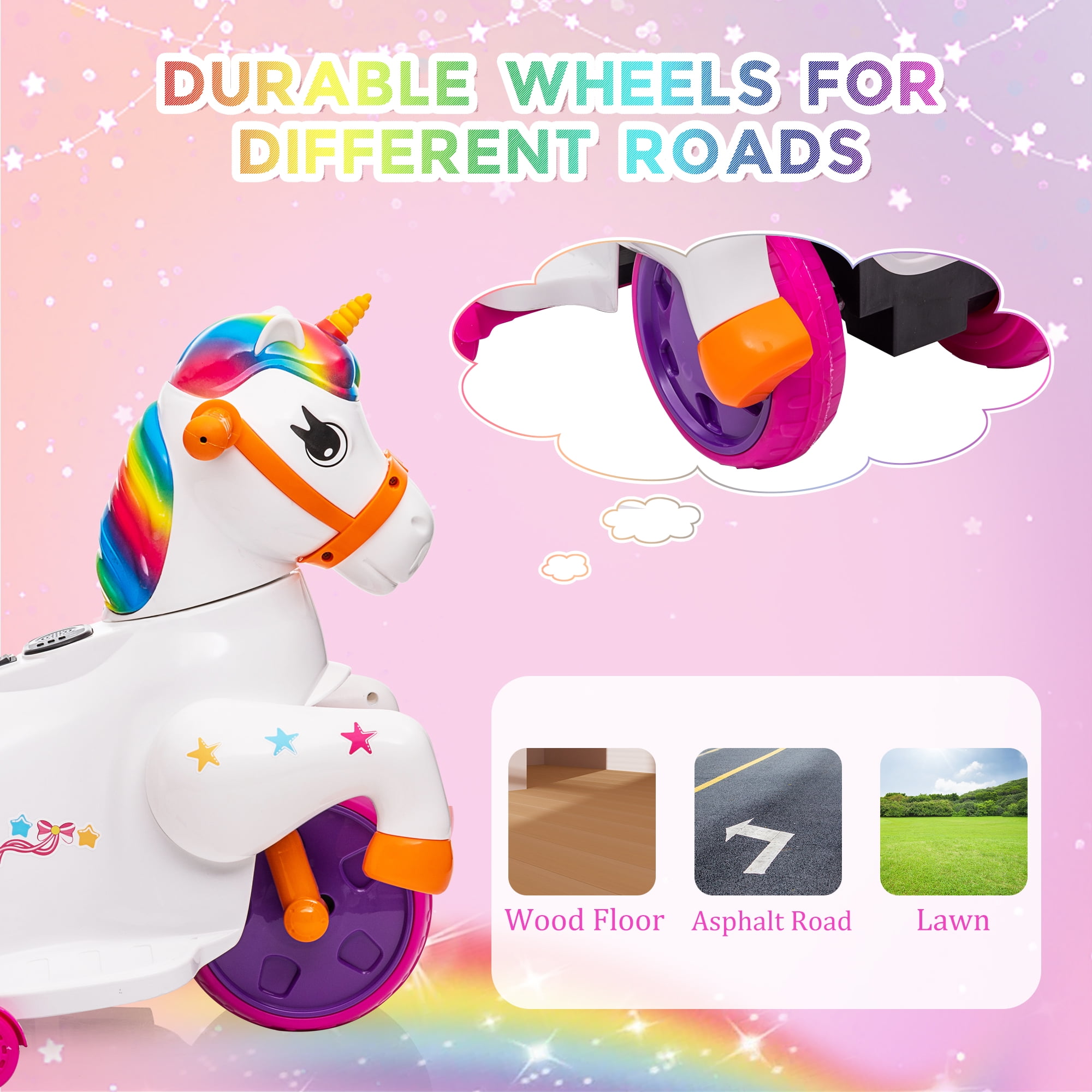 Jaxpety 6V Kids Ride on Unicorn, Rocking Horse Pony Toy Electric Car for Boys Girls w/ Music, Training Wheels, Colorful