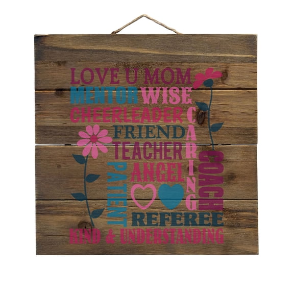 Love U Mom Word Art Mother's Day - Decorative REAL WOOD Wall Art - Faux Pallet Look