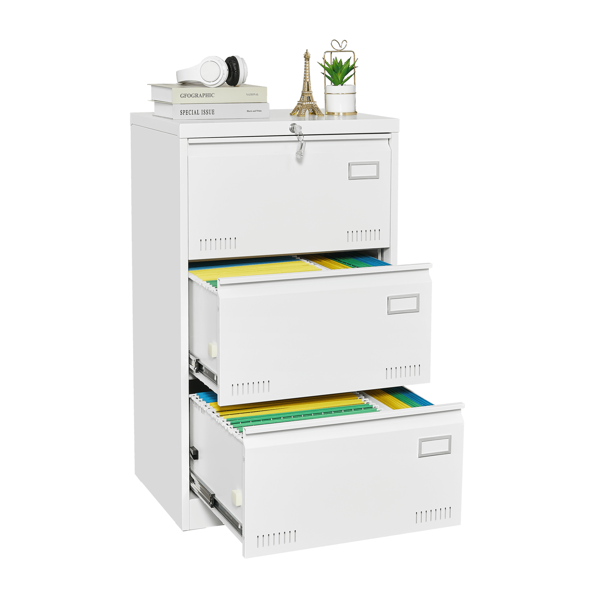 3 Drawer Lateral File Cabinet, Lateral Metal Filing Cabinet with Lock and 2 Foldable Keys, File Cabinet for Home Office, Anti-Tip 3 Storage Drawers for Letter/Legal/A4/F4 Size, White