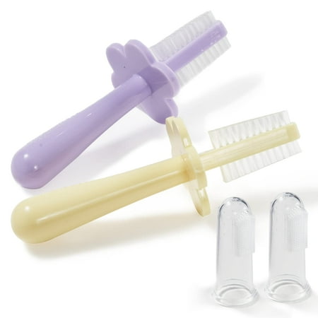 Grabease Double-Sided Toothbrush Set for 6 Months to 4 Years: 2 BPA-Free Toddler Training Toothbrushes (Lavender and Yellow) with Soft Bristles & Anti-Choke Shields Plus 2 Baby Finger Brushes