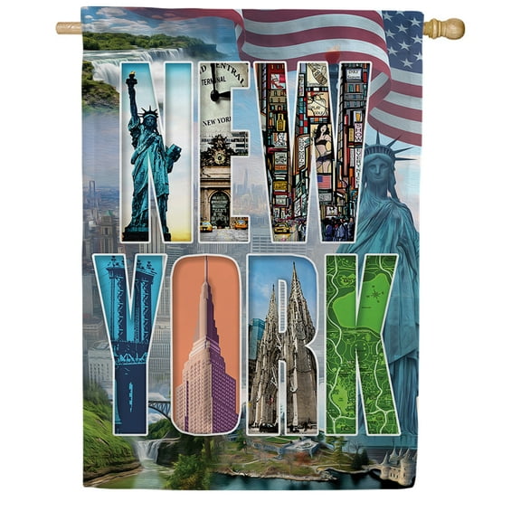 America Forever New York State House Flag- 28 x 40 inches- New York Skyline, Statue of Liberty and the United States flag USA Regional Yard Outdoor Decorative Double Sided Flag