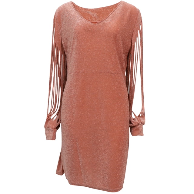 EeaseMX Vestido sexy ajustado para mujer, para fiesta, discoteca, con escote en V y borlas, manga larga, para cóctel o club nocturno - Talla L (Dorado)
