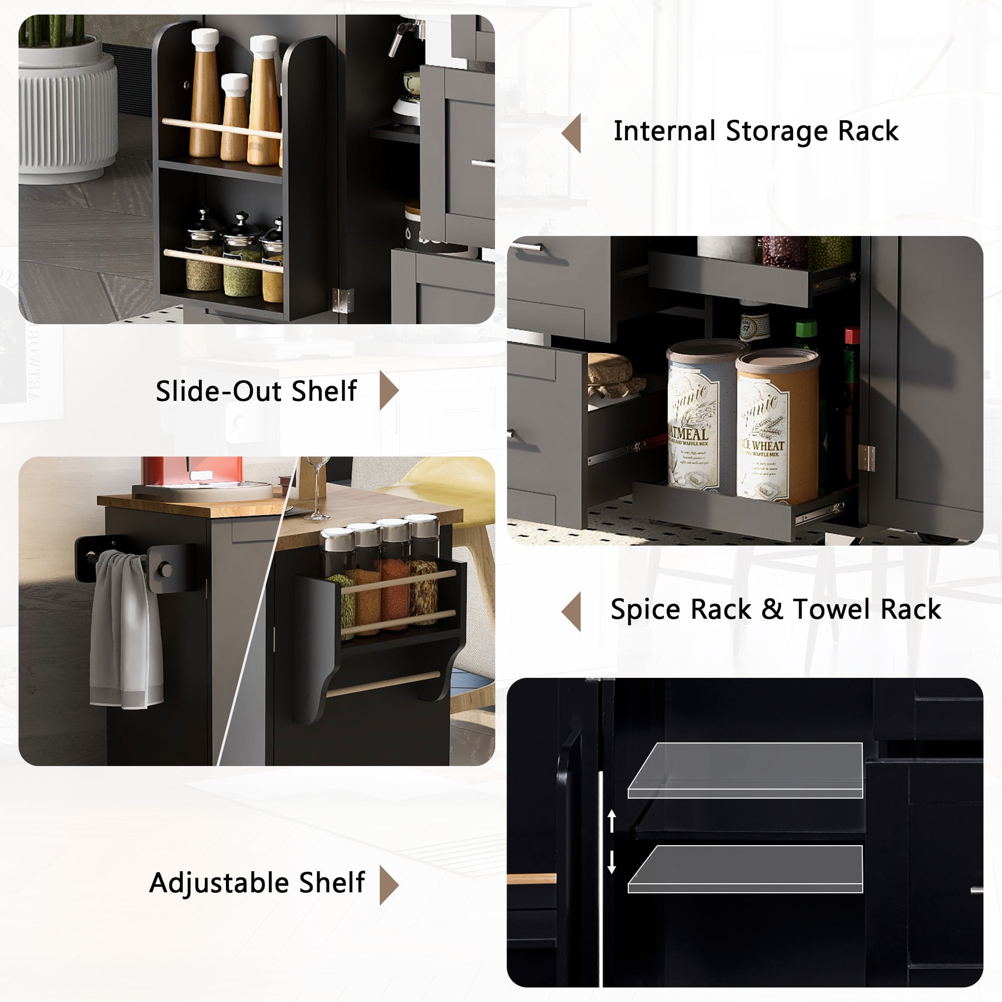 Aukfa Rolling Kitchen Island with Storage, Kitchen Cart W/3 Drawer & 2 Slide-Out Shelf,Black