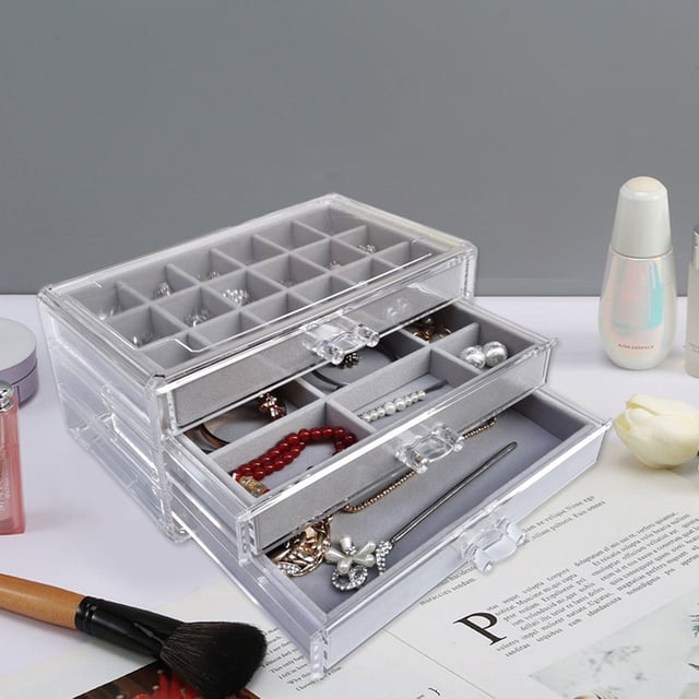 YAOMOBB Earring Organizer 3 Drawers Multi Compartment Adjustable Trays for Clear Jewelry Storage Box Acrylic Jewelry Organizer with