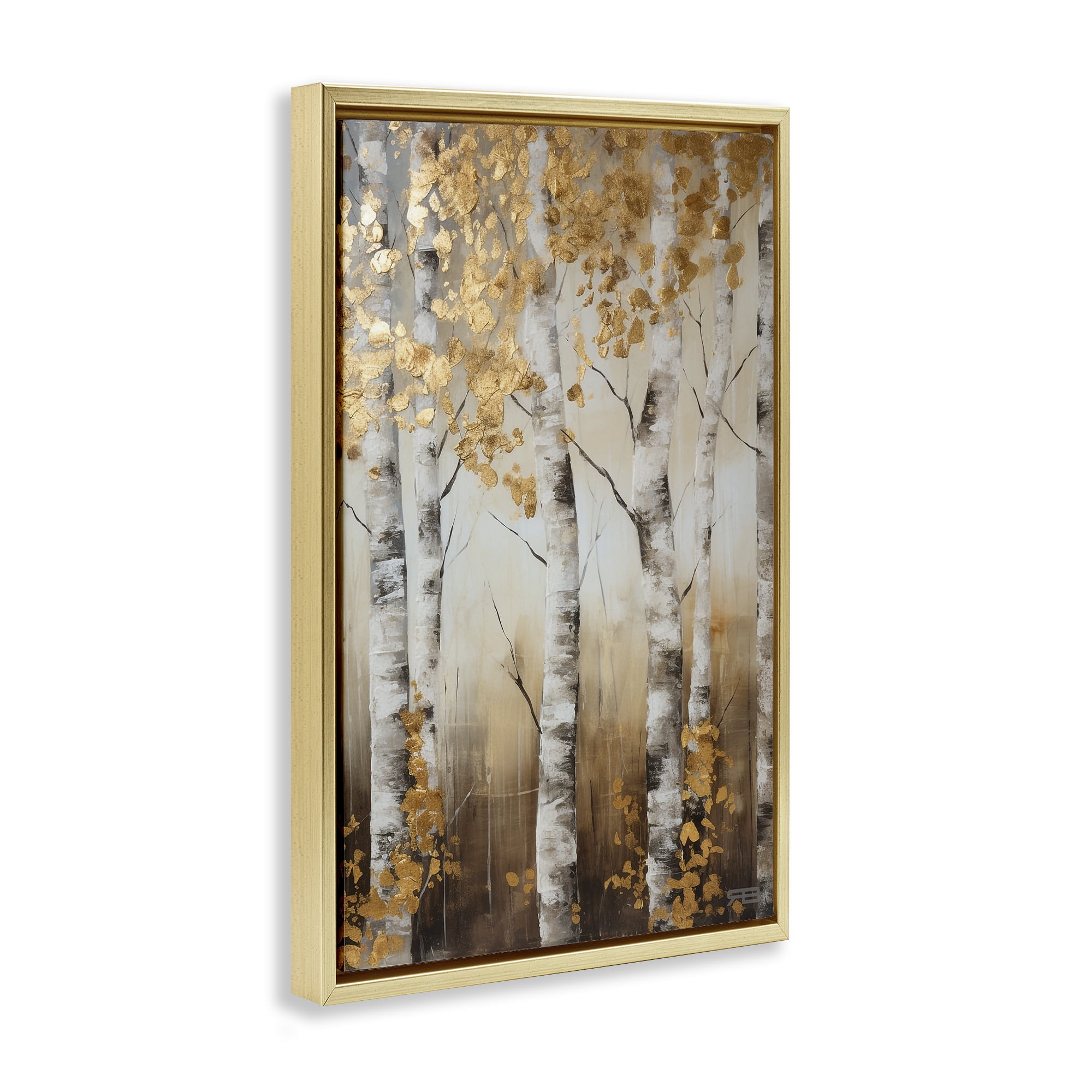 Stupell Industries Fall Foliage Birch Landscape Painting Gold Floater Framed Art Print Wall Art, 17 x 25