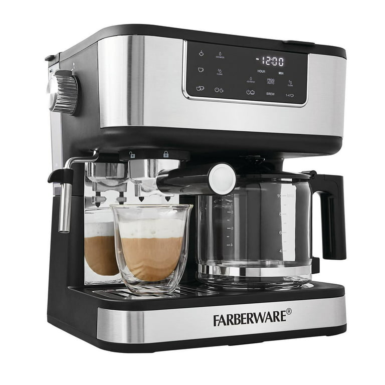Farberware Dual Brew, 10 Cup Coffee + Espresso, Black and Stainless Finish,  Touchscreen Display, New 