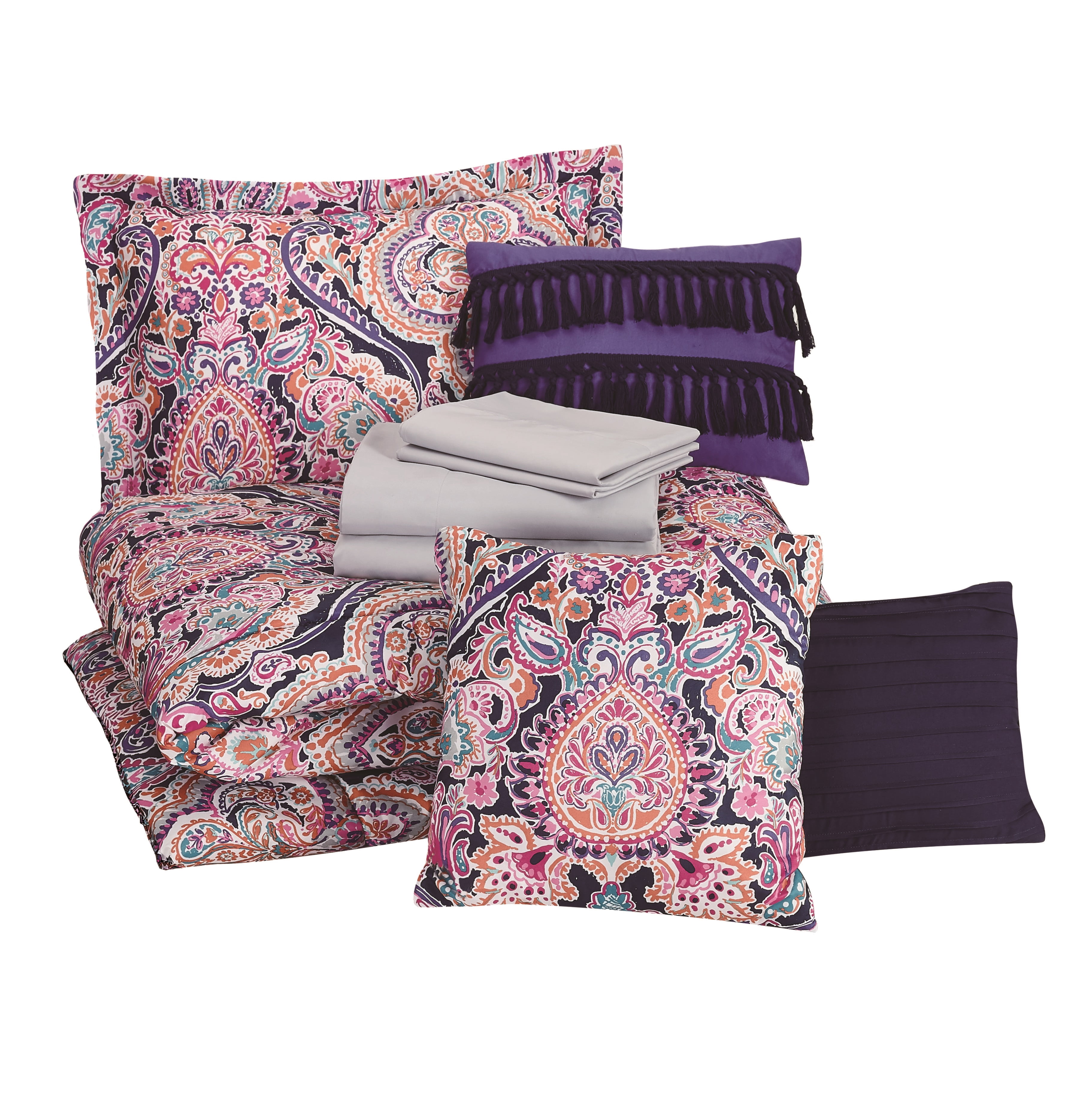 Mainstays Purple and Blue Medallion 10 Piece Bed in a Bag Comforter Set With Sheets, Full