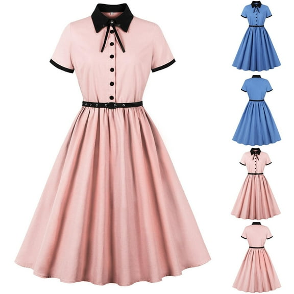 Summer kttectoa Lapel Collar Short Sleeve Dress for Ladies Button Bow Retro Tunic Dress with Belt Color Block Print Dresses Formal Dresses for Women Comfy Dress for Holiday Party