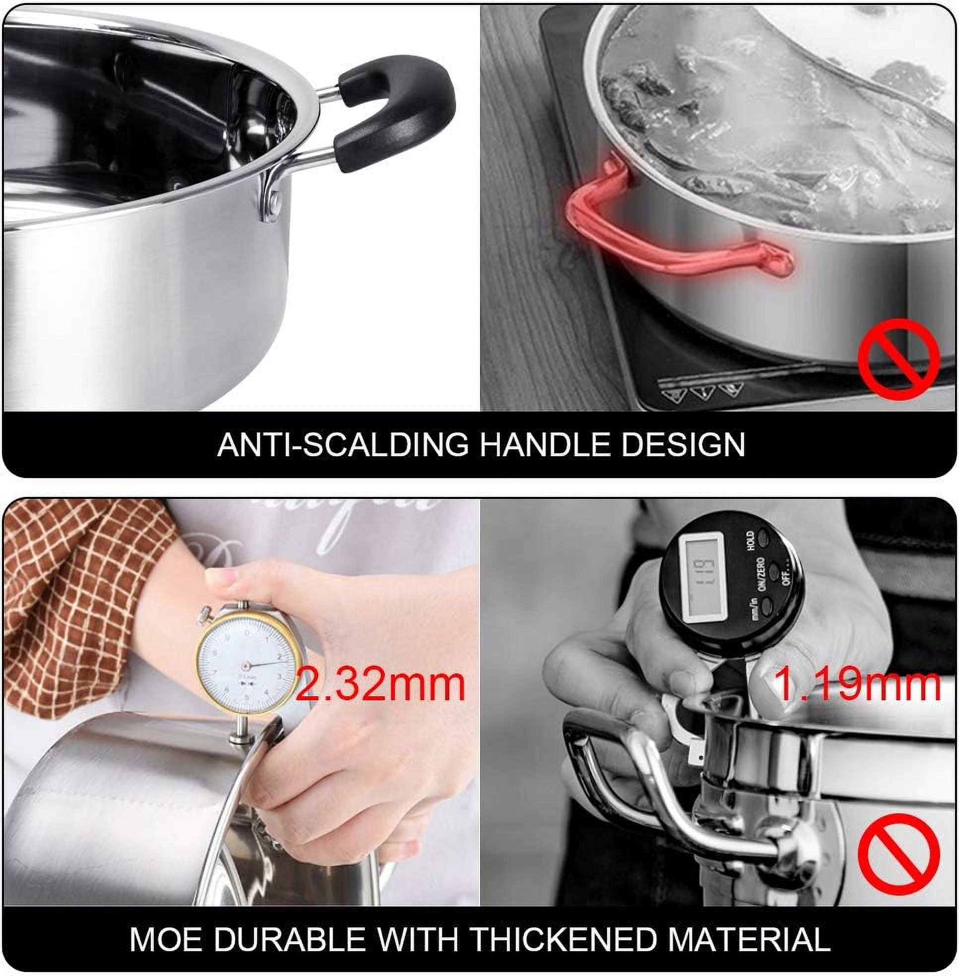 304 Food Grade Stainless Steel Shabu Shabu Hot pot with Divider&Lid for Induction Cooktop Gas Stove Dual Sided Soup Cookware (stainlees steel, 11 inch)