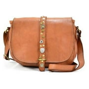 Italian Artisan  Womens Handcrafted Vintage Washed Calfskin Leather Shoulder Handbag with Studs, Cognac - Small
