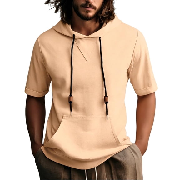 Chiccall Mens Short Sleeve Hoodie Drawstring Solid Color Breathable Tops Summer Casual Comfy Shirts with Pocket