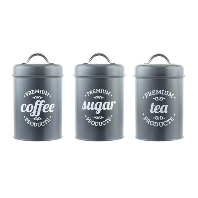 tredstone Kitchen Food Storage Canister Set 3 Pcs Coffee Tea Sugar Tins Gray