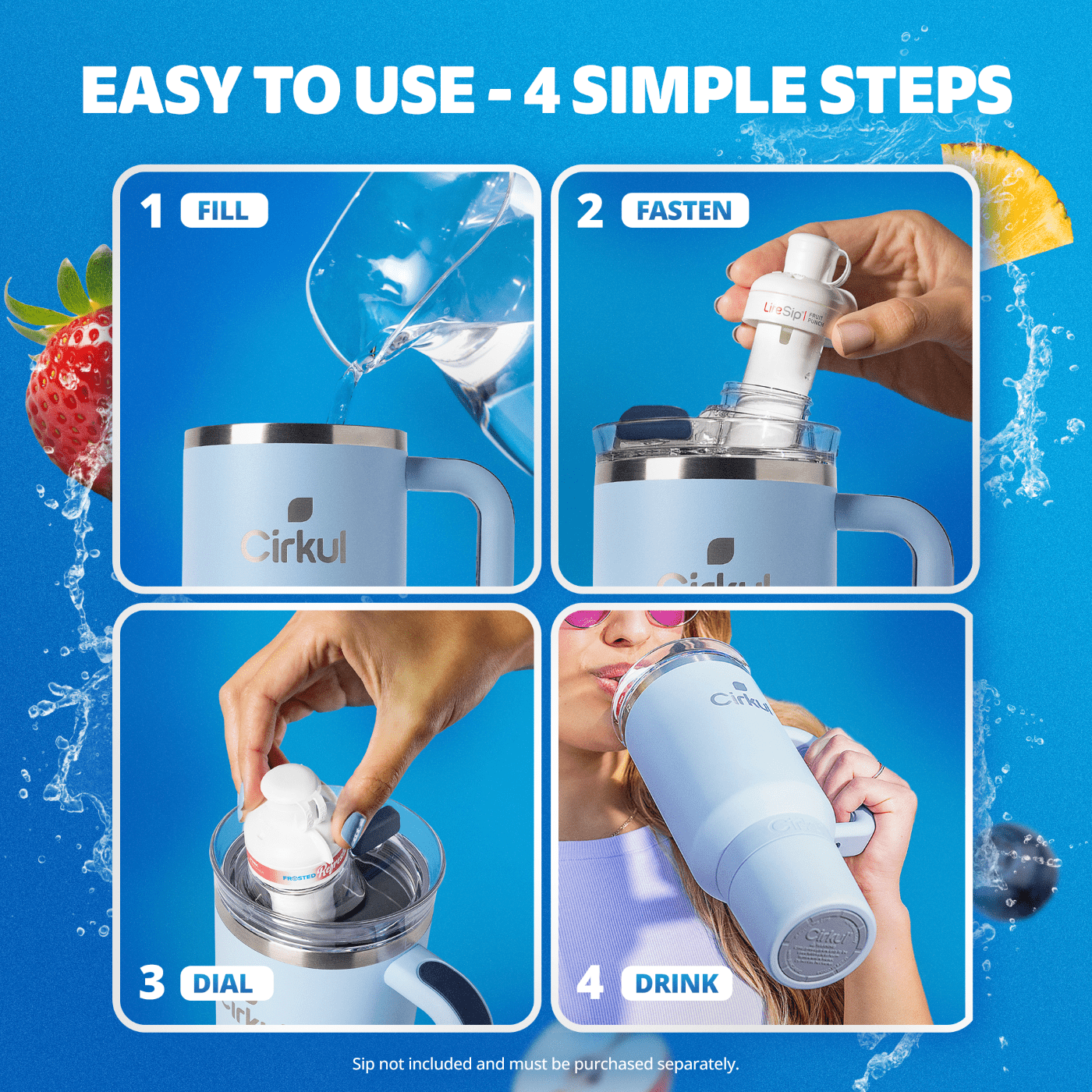 (4 pack) Cirkul 40oz All-Day StrawSip Double-Wall Insulated Stainless Steel Tumbler with Handle, Raindrop (Light Blue)