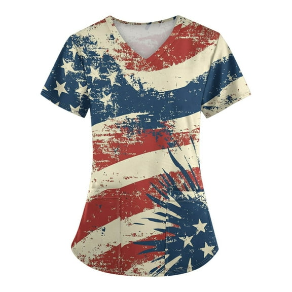 July 4Th Shirts For Women, Scrubs Tops Of Plus Size V Neck Short Sleeve Workwear With Pockets Red White And Royal Blue American Flag Top Fourth Shirts Women Shirt Outfits (L, Beige) ZMTing