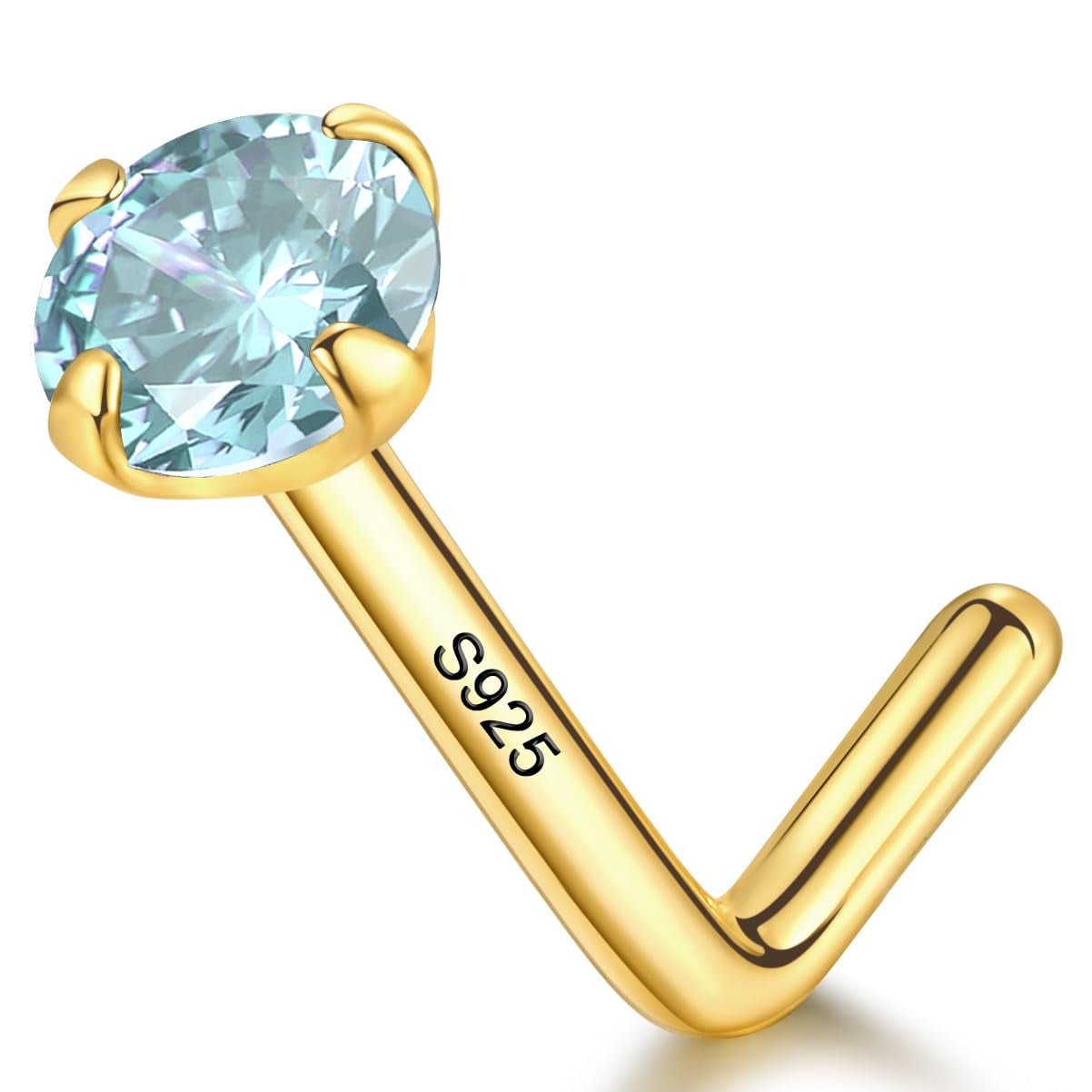 14k Gold Plated Sterling Silver Small L Shaped Nose Rings Studs for Women Men 20g, 20 Gauge Nostril Nose Piercing Jewelry, Hypoallergenic Gold Nose Stud with Tiny CZ Diamond