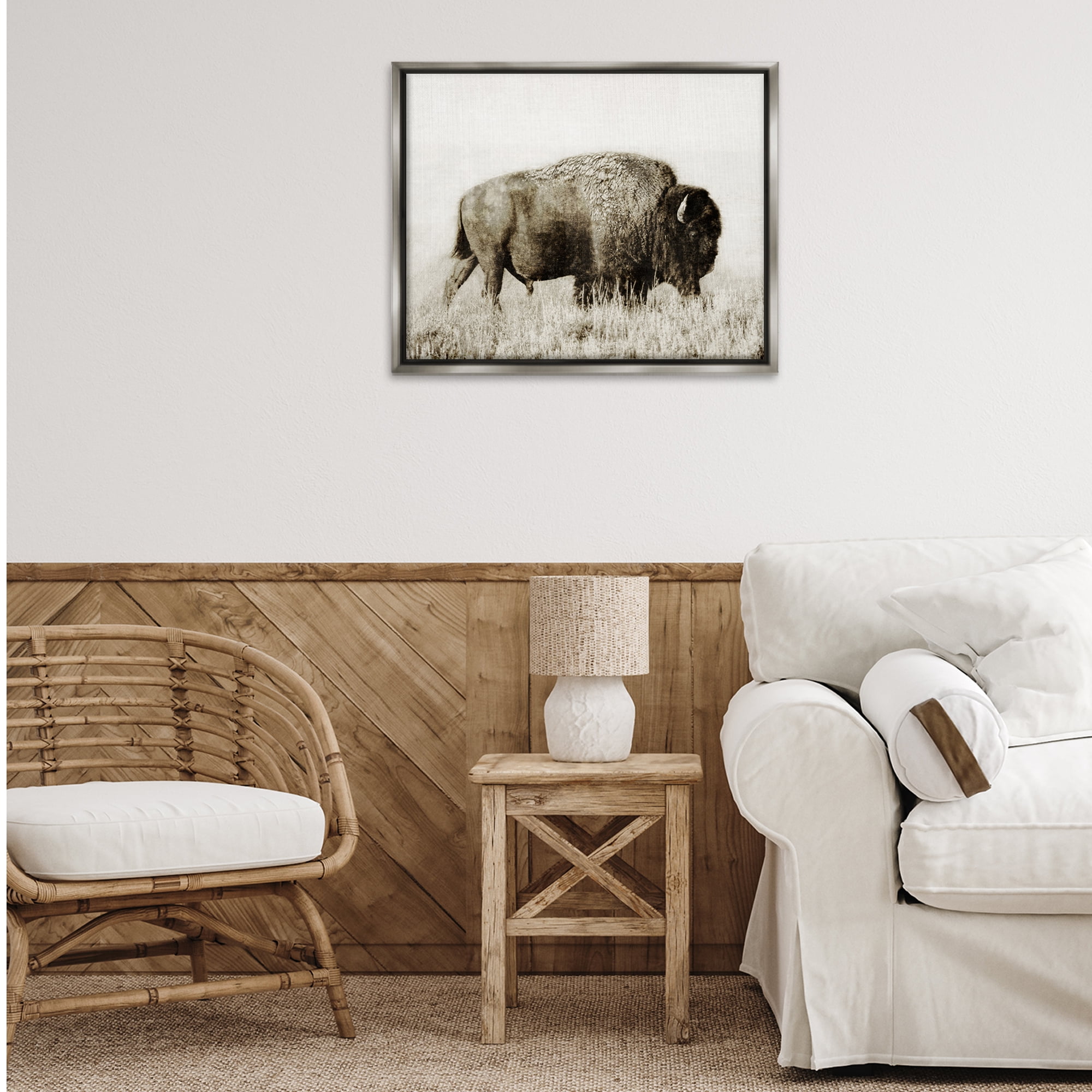 Stupell Industries Bison Grazing in Field Animals Photography Gray Floater Framed Canvas Art Print Wall Art, 31 x 25